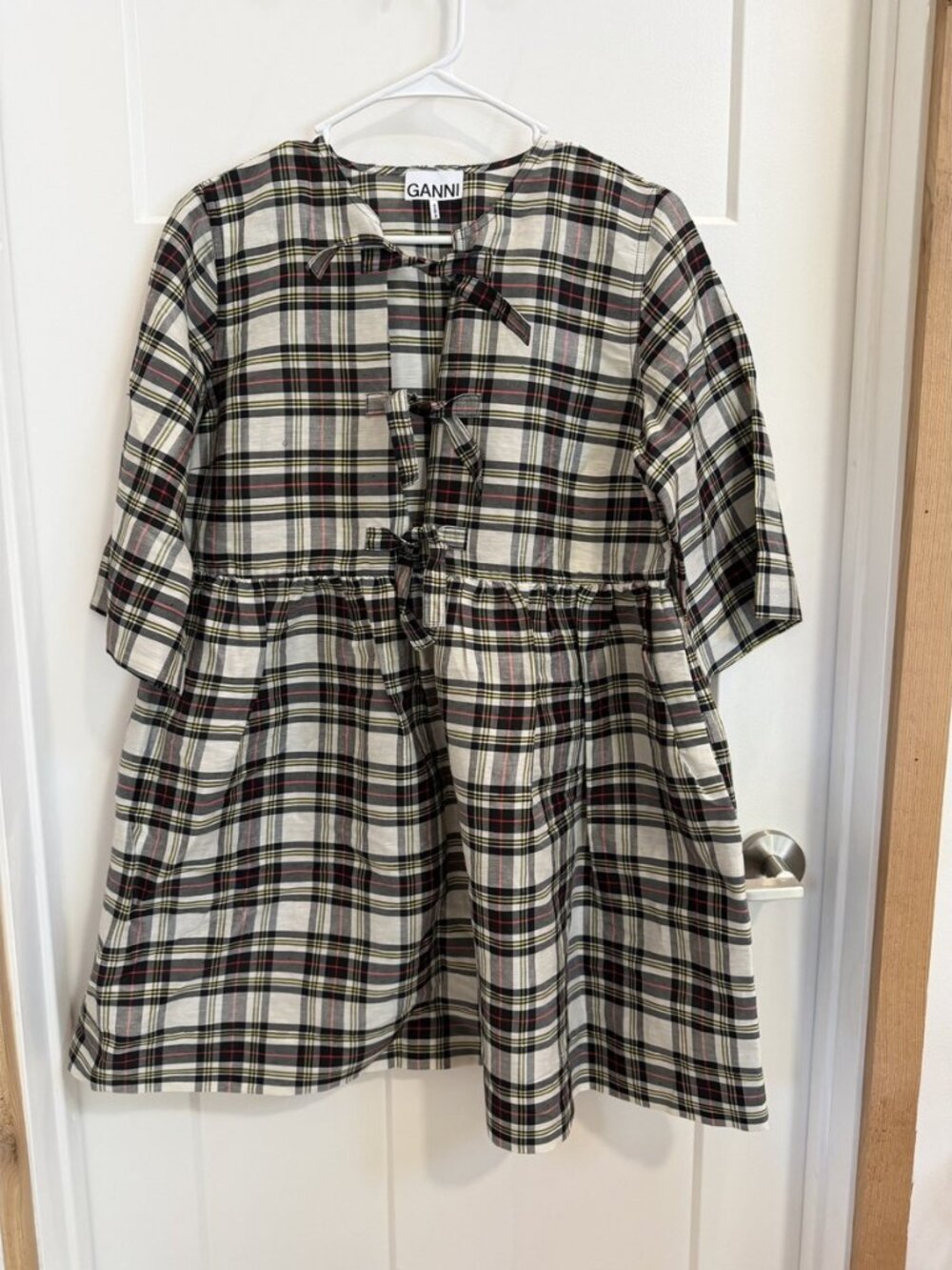 GANNI Black White Plaid Seersucker Tie Front Babydoll Dress 40 - Picture 1 of 6